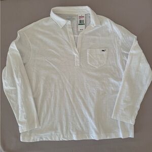 Vineyard Vines Women Popover Slub Polo White Cap Cotton Chest Pocket Logo L NEW